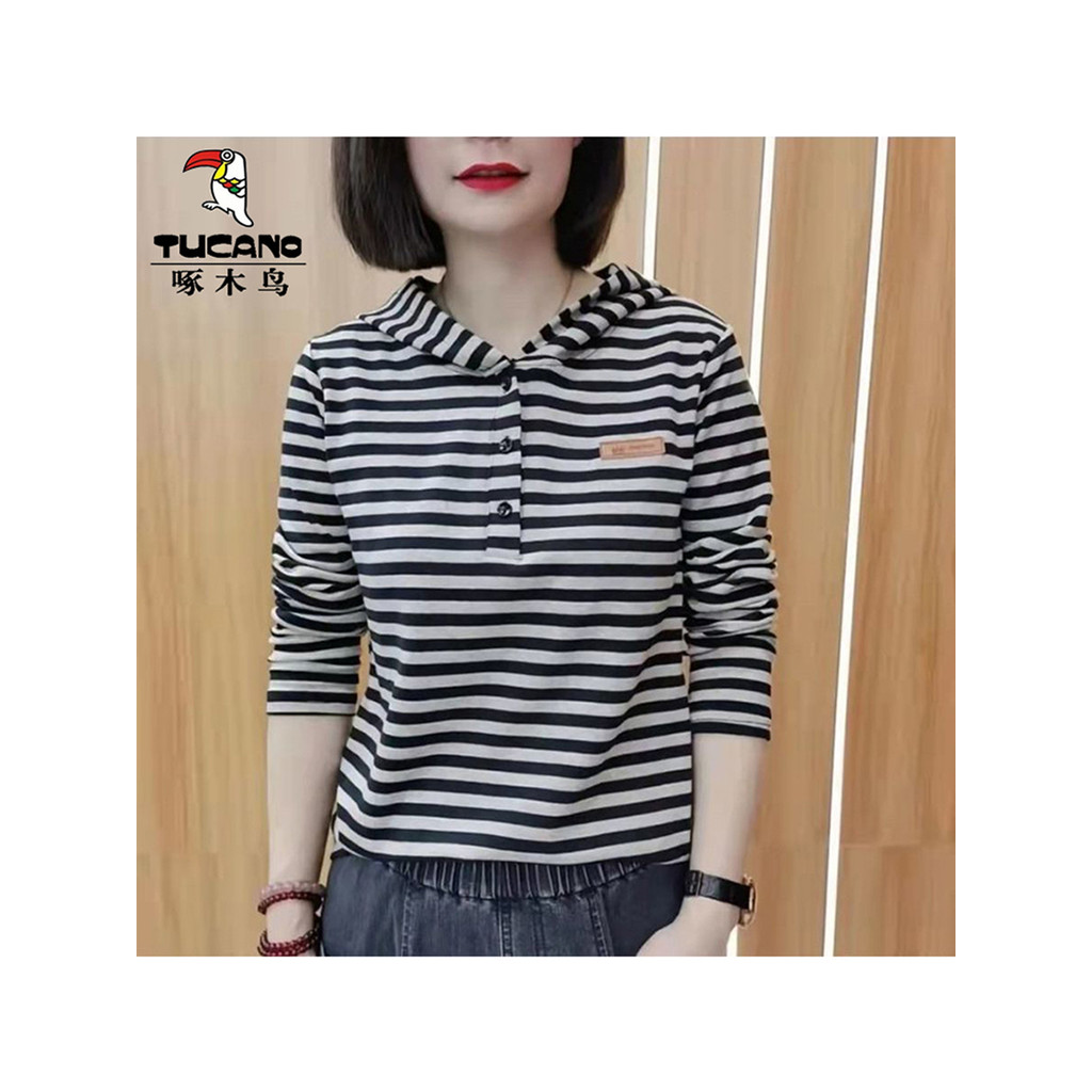 Woodpecker autêntico estilo ocidental listrado com capuz topo de manga comprida camiseta feminina primavera novo estilo 