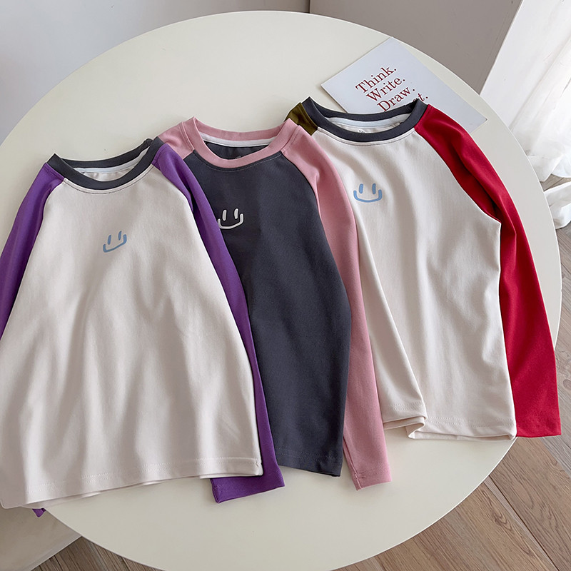 Crianças algodão contraste cor manga Raglan camiseta 2026 primavera novo estilo de manga comprida topo meninas médio gra