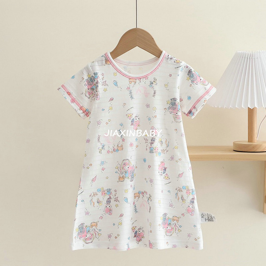 100-160cm meninas dos desenhos animados impressão completa pijamas de manga curta camisola Loungewear crianças vestido m