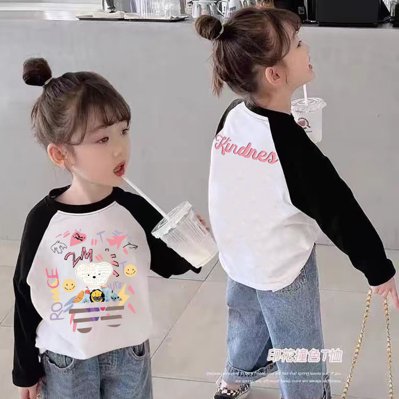 Algodão puro meninas de manga comprida contraste cor Raglan camiseta primavera outono crianças versão coreana em torno d