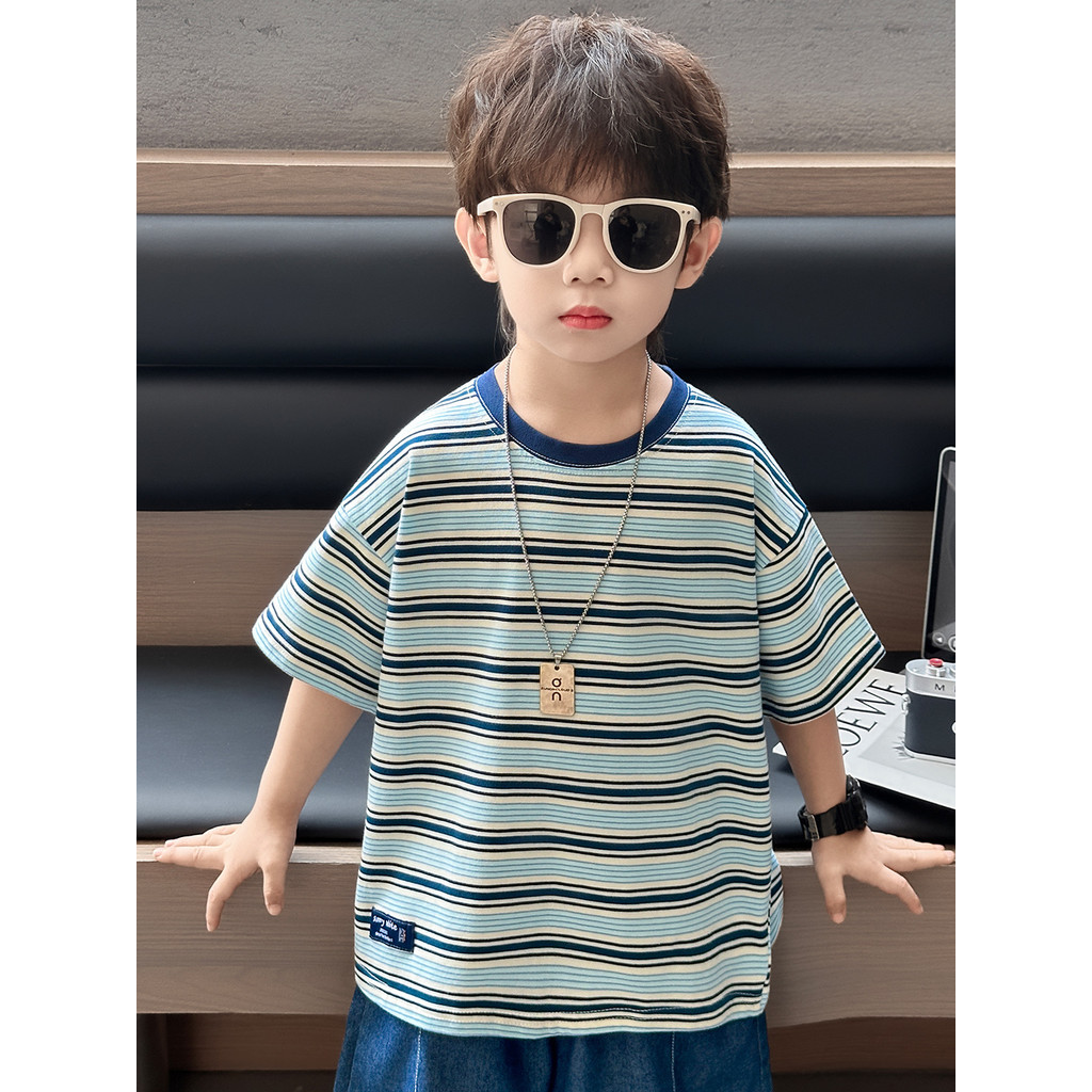 Meninos listrado camiseta de manga curta 2026 verão novo estilo estilo coreano rufião bonito crianças Casual topo bebê m