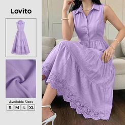 Lovito Vestido Casual De Renda Com Botões Em Camadas Para a Primavera/verão Na Cor Roxa Para Mulheres Bordado DRB38BR143