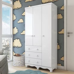 Guarda Roupa Bebê 3 Portas e 3 Gavetas 100% MDF Mimo Espresso Móveis Branco Brilho Branco Brilho