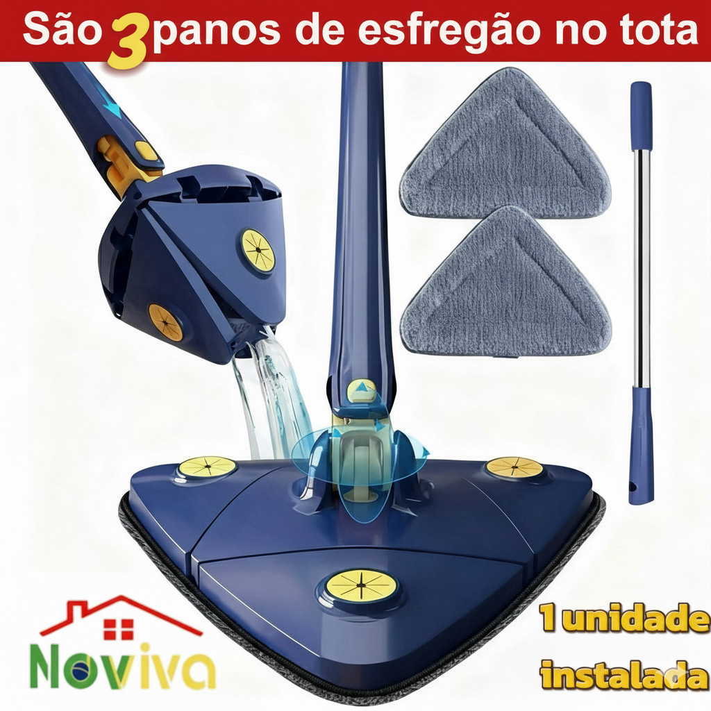 Kit Esfregão Triangular Noviva com Refis | Mop de Limpeza Ajustável e Giratório 360° (130x25cm)