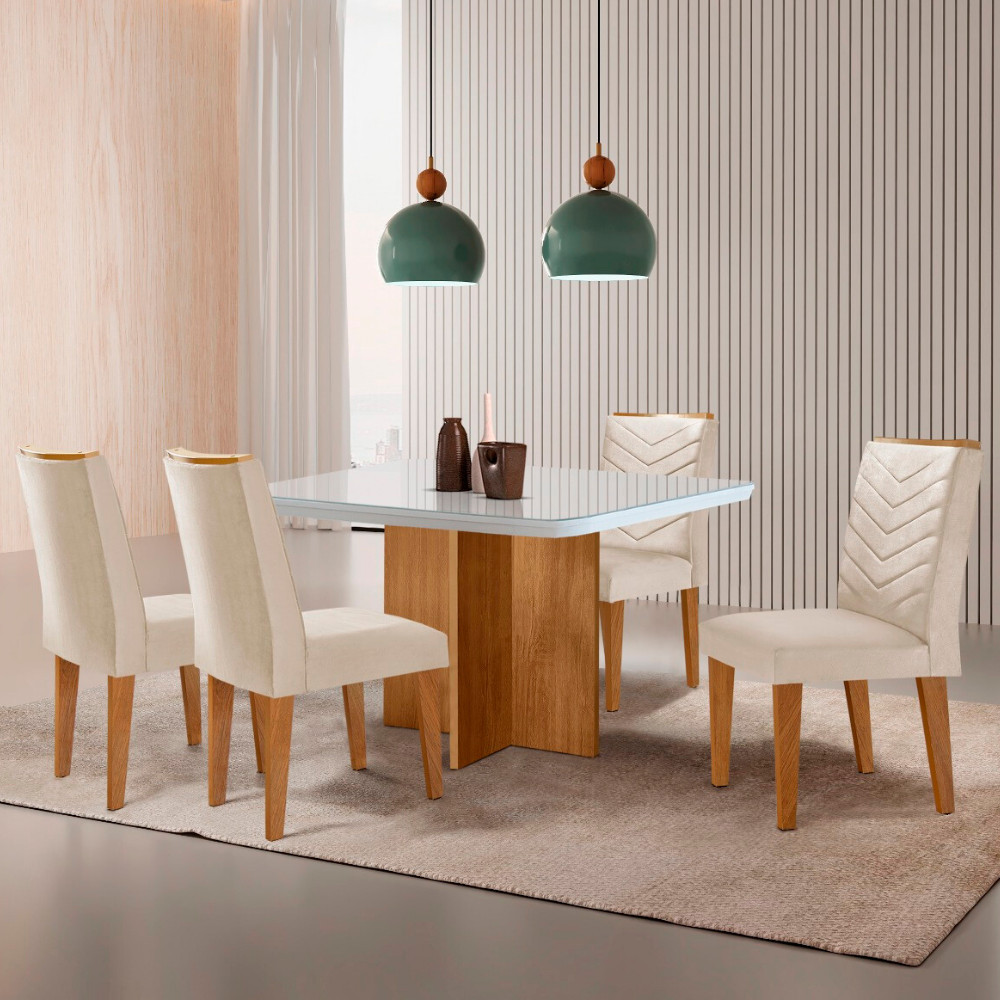Sala de Jantar Mesa 90cm Olímpia em MDF com Vidro Canto Copo 4 Cadeiras Liz Moderna Mobilia em Oferta na Shopee