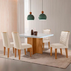 Sala de Jantar Mesa 90cm Olímpia em MDF com Vidro Canto Copo 4 Cadeiras Liz Moderna Mobilia