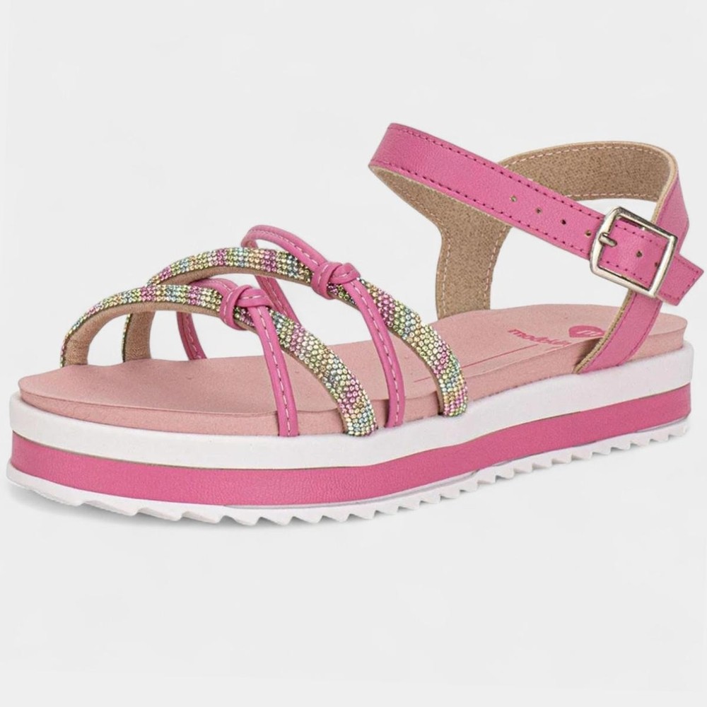 Sandália Infantil Molekinha Flatform Tira Strass Nó Menina - Rosa