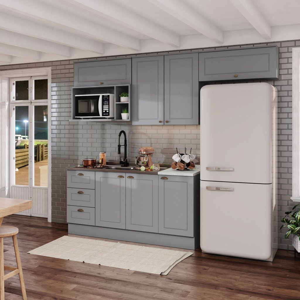 Cozinha Compacta 7 Portas 3 Gavetas Emily Cinza/Calcare