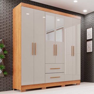 Guarda-roupa Casal com Espelho 6 Portas 2 Gavetas Estrela Premium Cinamomo/Off White em Oferta na Shopee