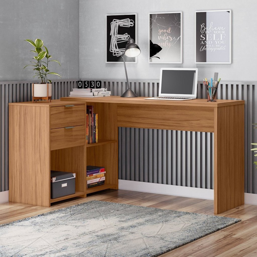Escrivaninha Mesa Escritório em L 2 Gavetas 3 Nichos Office Nt 2060 Freijó em Oferta na Shopee