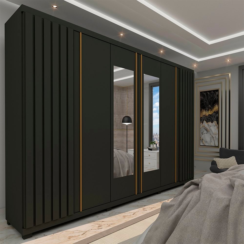 Guarda Roupa Casal Ripado 6 Portas 4 Gavetas com Espelho Absolut New 100% MDF Grafite/Grafite em Oferta na Shopee