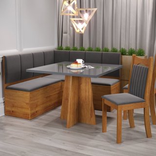 Conjunto Canto Alemão com Baú Trento Mesa Quadrada com Vidro 90x90 e 2 Cadeira Dallas em Mdp/mdf Mel/Grafite em Oferta na Shopee