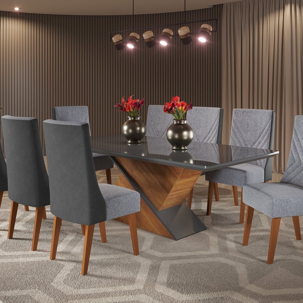 Mesa de Jantar Retangular 200x90 Cecilia com 8 Cadeiras em Madeira Maciça Topazio em Oferta na Shopee
