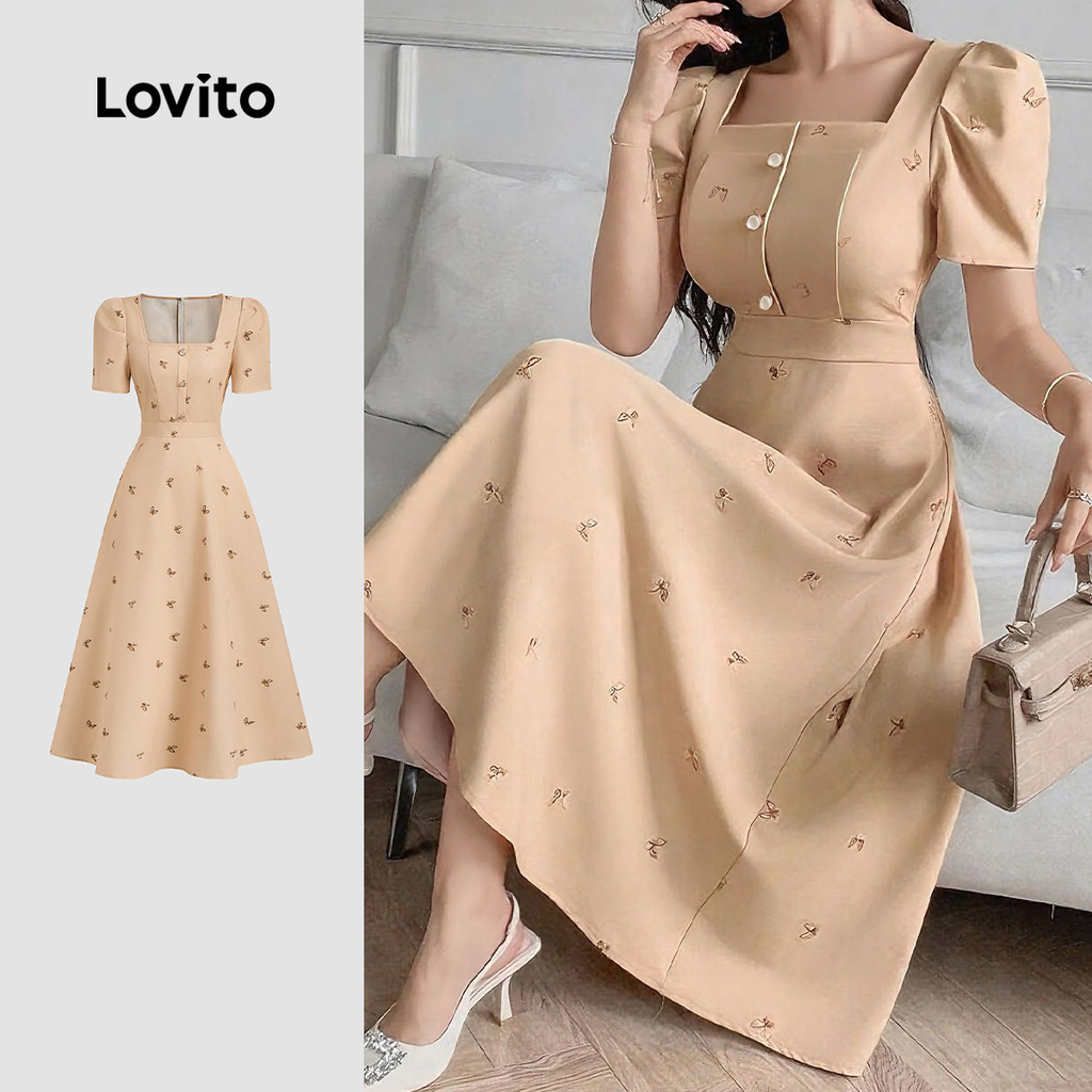 Lovito Vestido Elegante com Botões Na Frente Estilo Francês Preguiçoso Primavera/verão Vestido cáqui L154LD065 em Oferta na Shopee