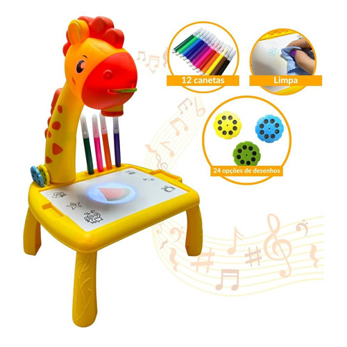 Mesa Mágica Infantil com Projetor Girafa Amarela Educativa com Canetinha, Apagador e Luz LED