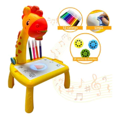 Mesa Mágica Infantil com Projetor Girafa Amarela Educativa com Canetinha, Apagador e Luz LED