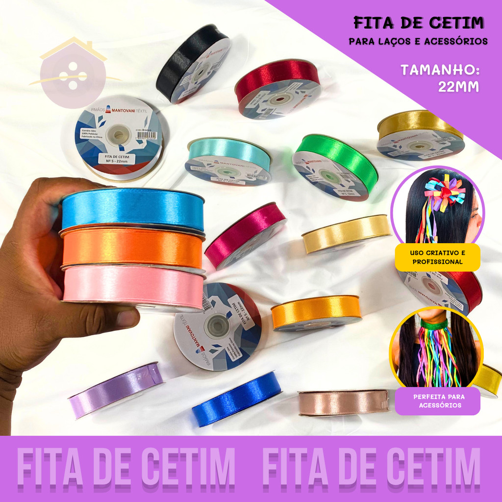 Fita de Cetim Lisa - 22mm - Rolo C/50 Metros - Grade de Cores