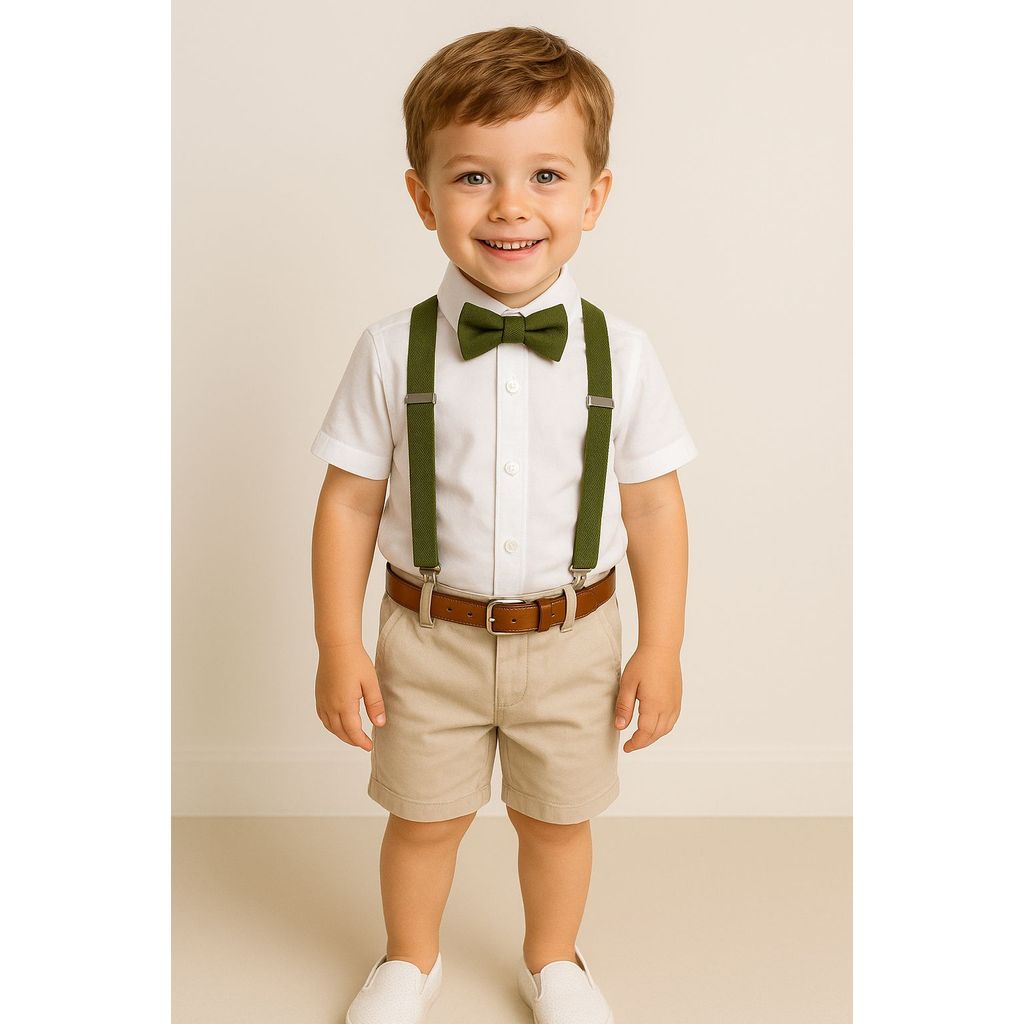 Conjunto Roupa Social Bermuda Nude Cinto Camisa Branca Suspensorio e Gravata Verde Oliva Formatura Pajem Casamento Festa