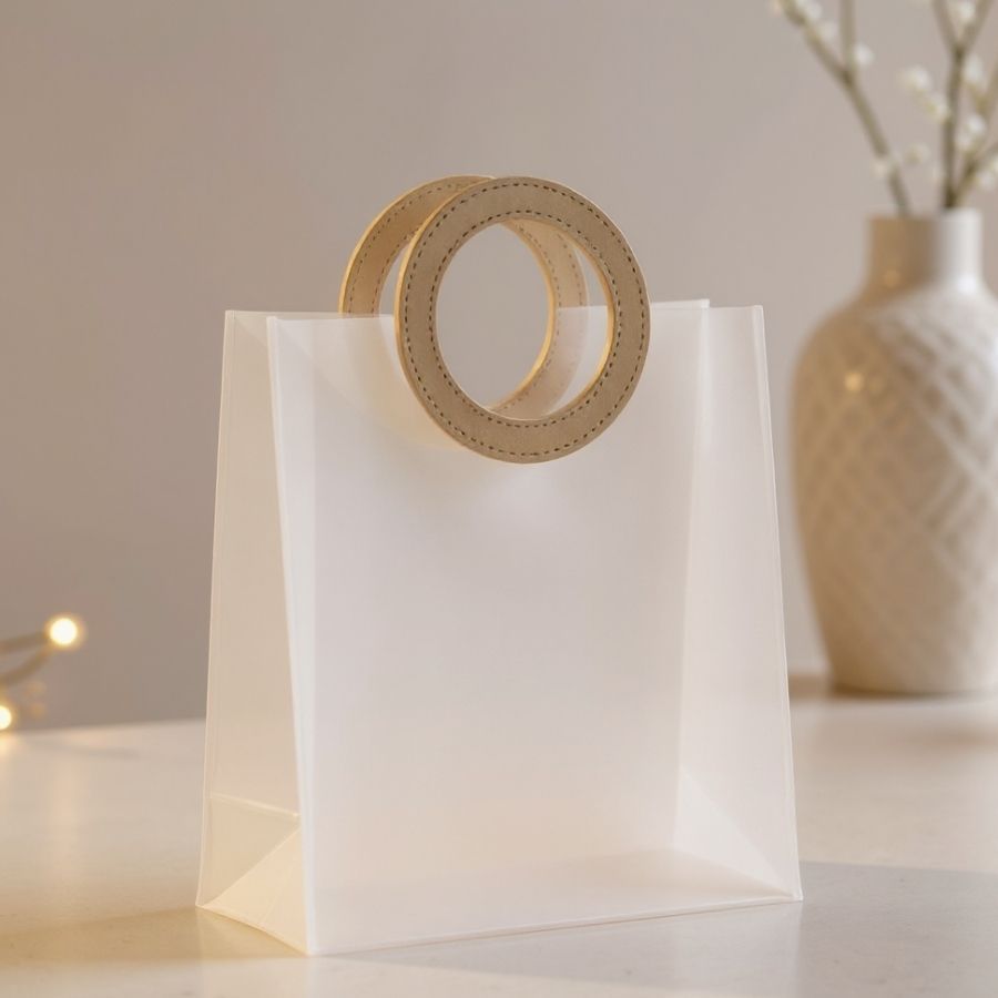 Sacola Transparente Fosca PVC com Alça Redonda de Couro Dourado - 23x20x10cm  - 10 unidades - Rizzo em Oferta na Shopee