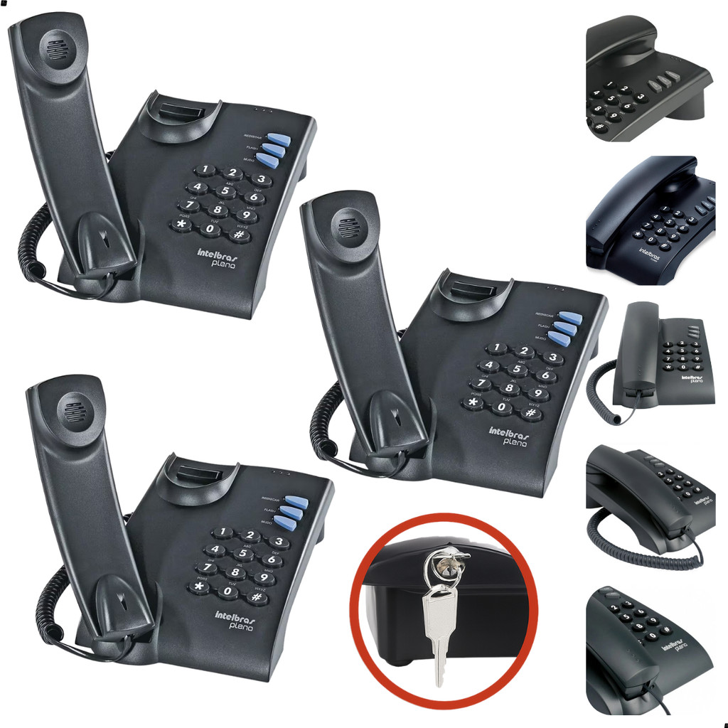 Kit 3 Aparelhos Telefones com Fio e Chave Flash Rediscar Mudo 2 Tipos de Toque Mesa Parede
