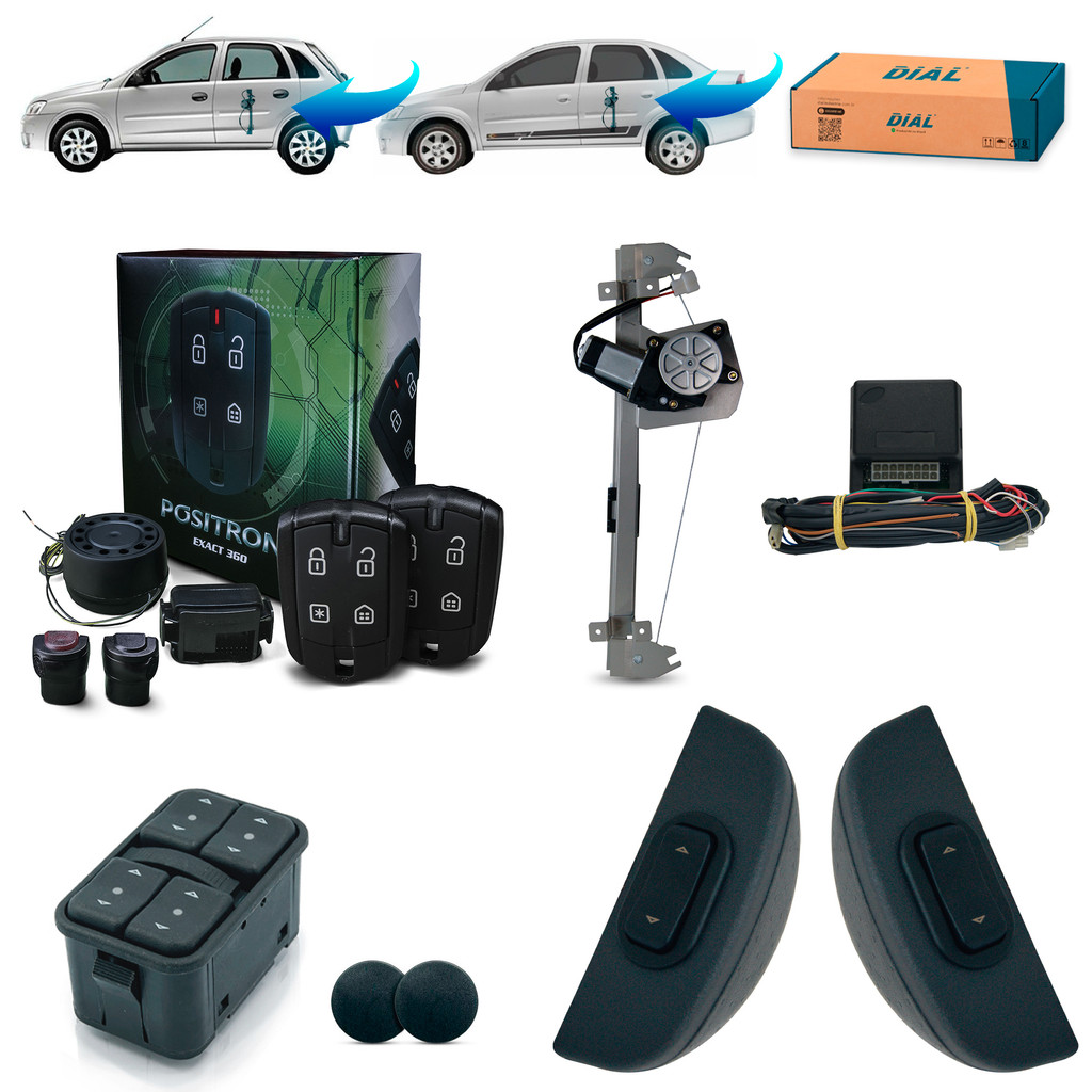 Kit Vidro Elétrico + Alarme Positron Corsa Joy Maxx Sedan Hatch Traseiro Intel