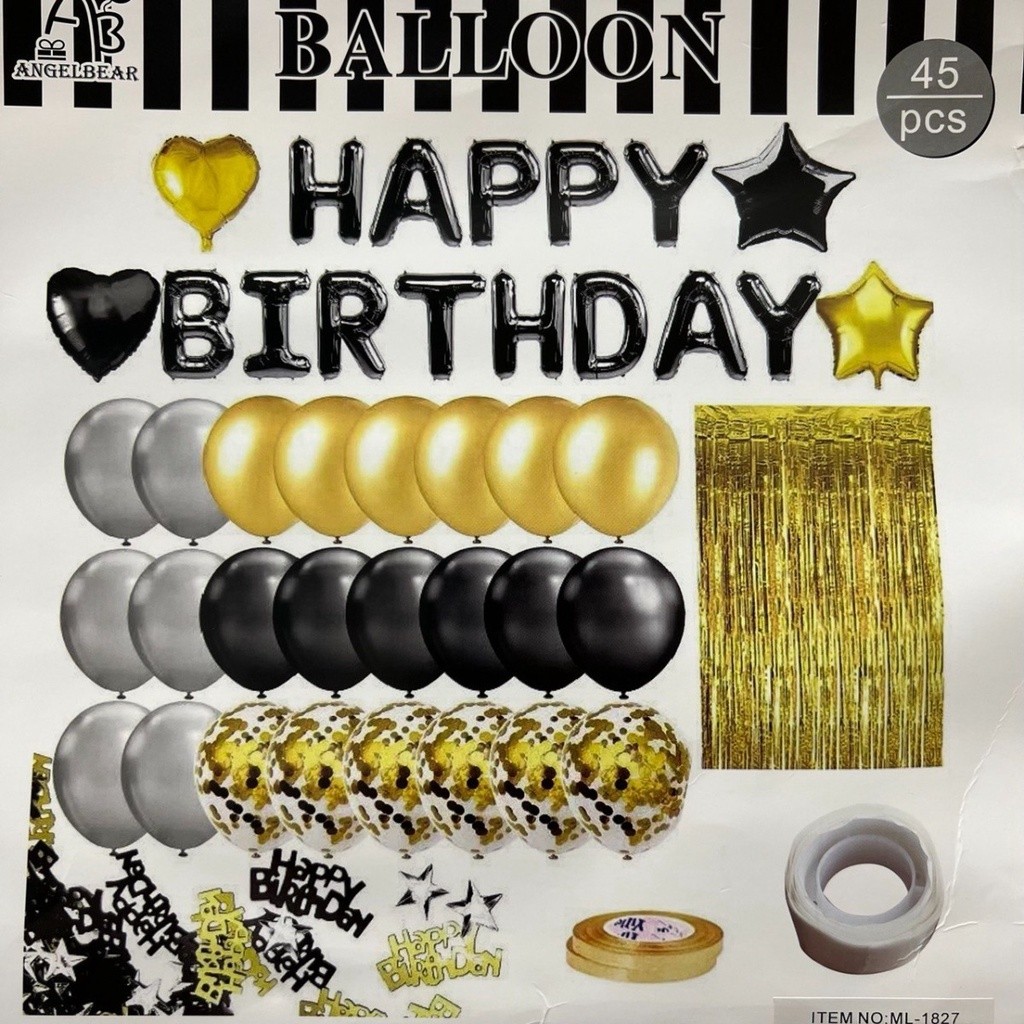 Kit Bexiga Balão Cortina Metalizado Happy Birthday Festa Decoração Aniversario 45pçs - Preto / Dourado festa decoração