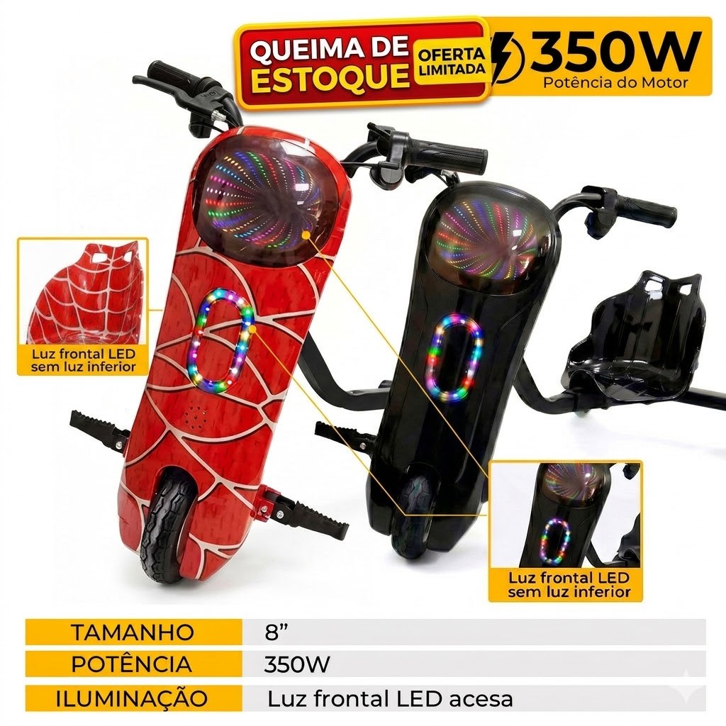 Triciclo Elétrico Drift Infantil 8' 6' Polegadas LED 250W 350W 3 Velocidade Bluetooth Patinete Mola