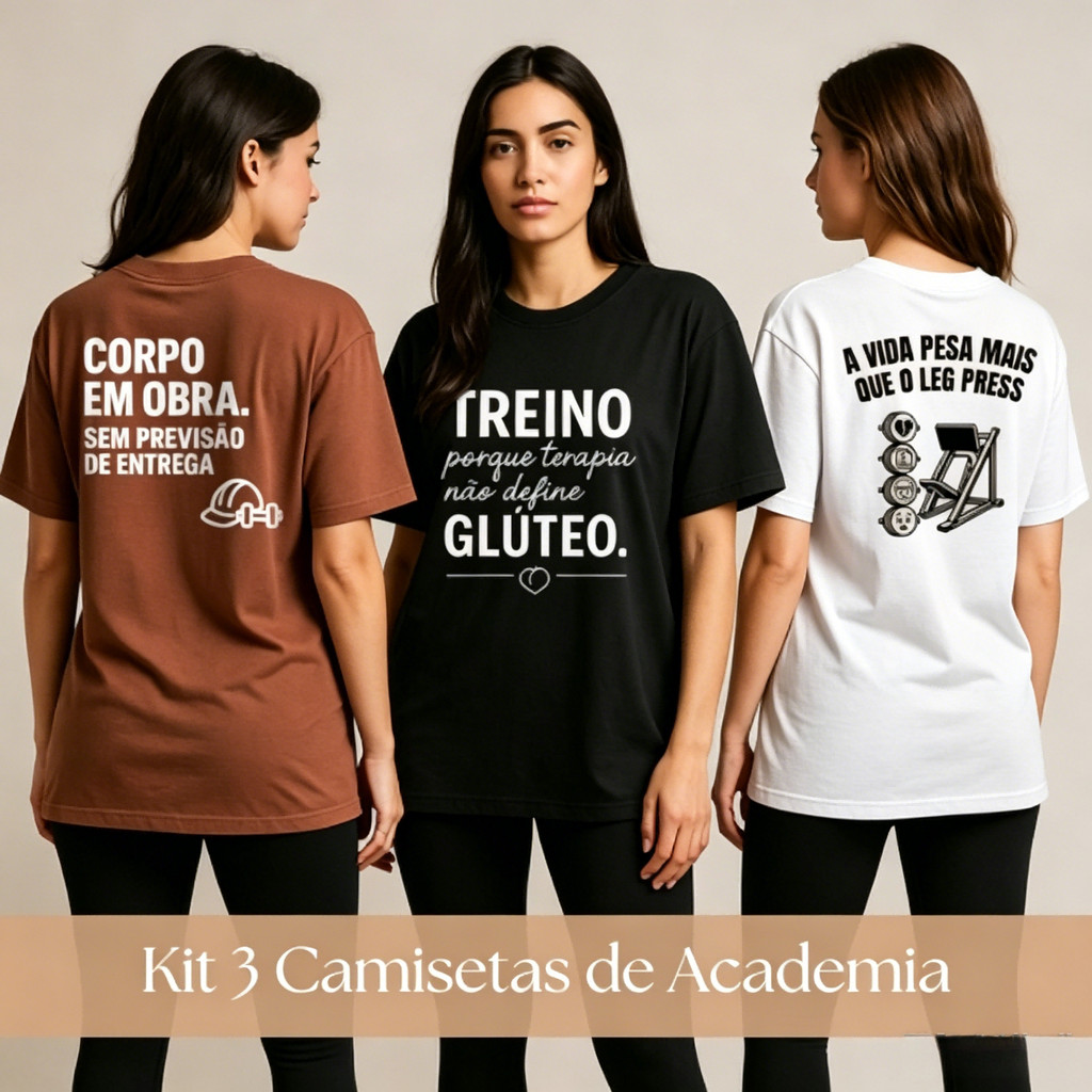 Kit 3 Camisetas de Academia Feminina Oversized Conjunto 100% Algodão Blusa Leve de Academia Treino