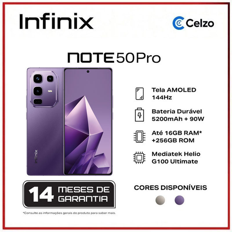 Smartphone Infinix Note 50 Pro 256GB 8GB RAM NFC Prata Racing + Carregador Sem Fio - Roxo