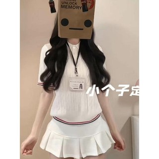 Pequeno estilo Preppy esportes Wear terno feminino verão branco gola Polo superior saia plissada terno de duas peças xs