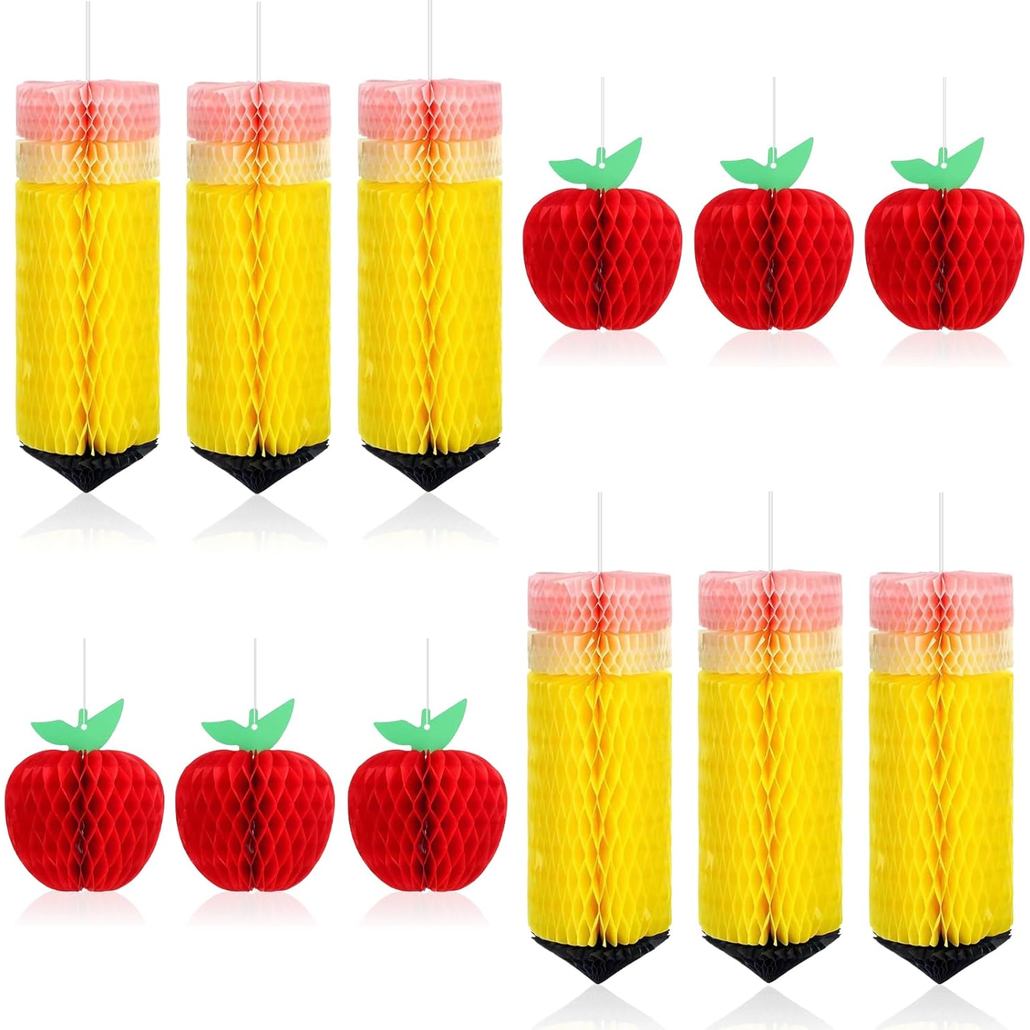 12Pcs Classroom Decorations with Pencil and Apple Honeycomb Hanging Welcome Back