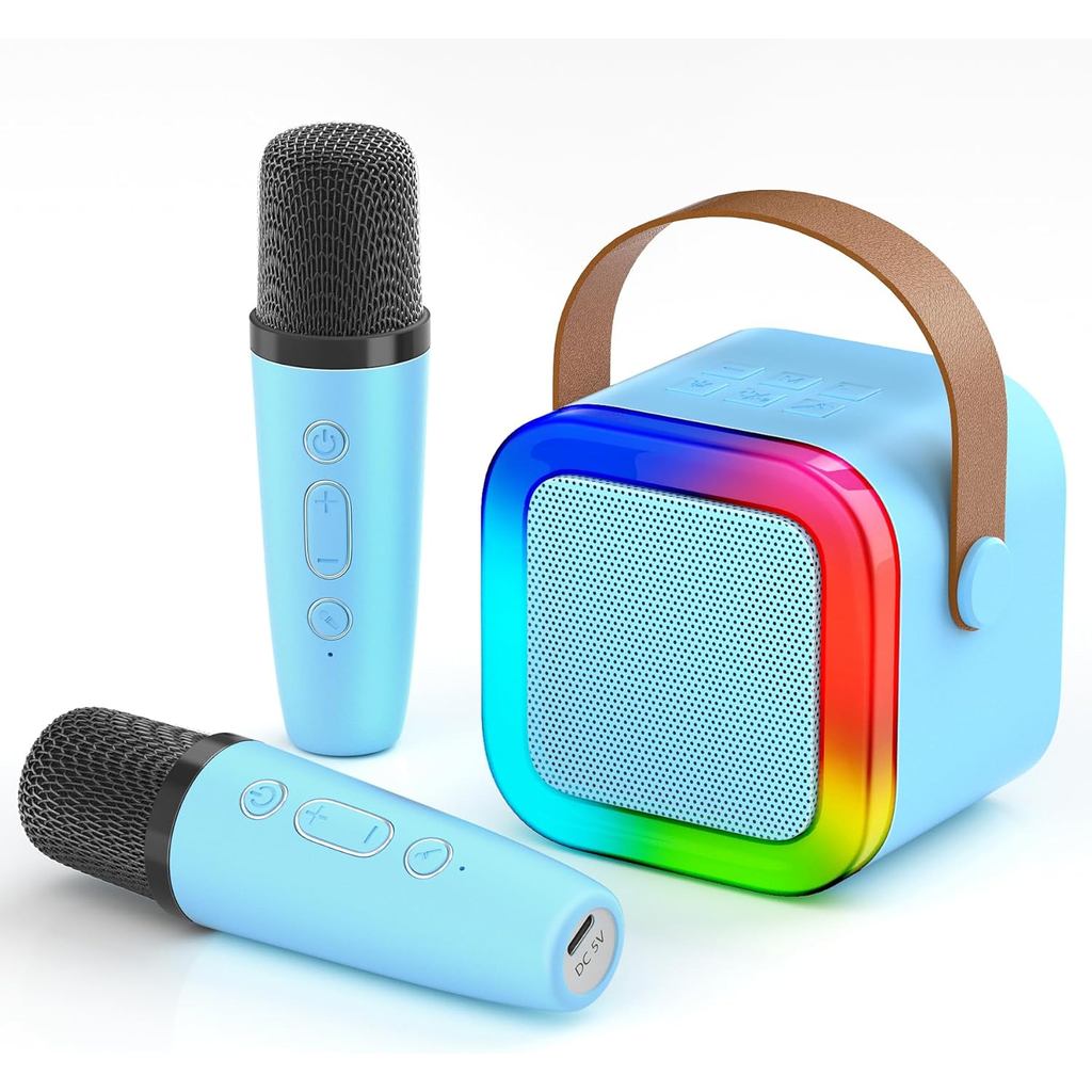 Mini Máquina de Karaokê para Crianças, Caixa de Som Bluetooth Portátil com 2 Microfones Sem Fio, Brinquedos Musicais par