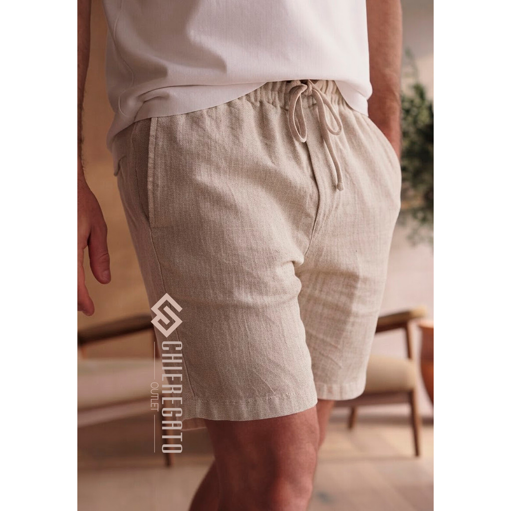 Short Linho Bermuda Masculina Premium Casual Verão Cós Elástico Com Cordão Short Curto Praia Dia Dia