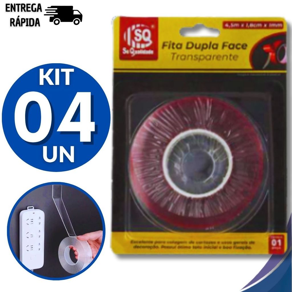 Conjunto Fita Dupla Face Transparente 4,5m x 1,8cm x 1mm Artesanato Quadros Multiuso Utilidades