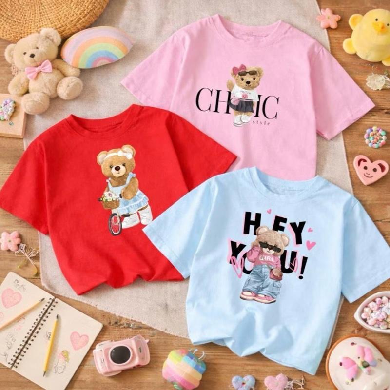 Kit 3 Camisetas Infantil Menina T-shirt Juvenil Algodão Estampada Urso Bear Chic Delicada Minimalista Casual
