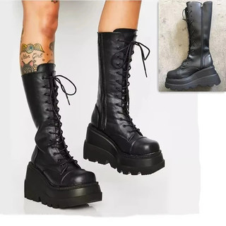 Botas de Plataforma Femininas Estilo Punk, Botas de Cano Médio para Mulheres, Estilo Gótico, Botas de Motociclista com S
