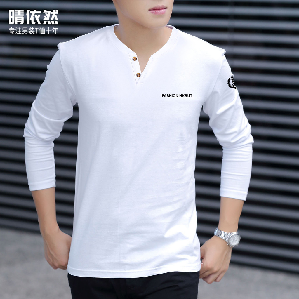 Primavera verão estilo Hong Kong Street Wear impresso fino-ajuste masculino de manga comprida com decote em V abotoado p
