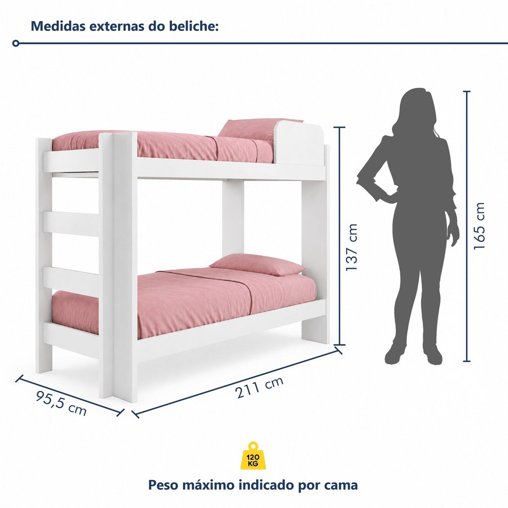 Beliche Solteiro 100% MDF 95cm x 211cm Flórida Branco Branco