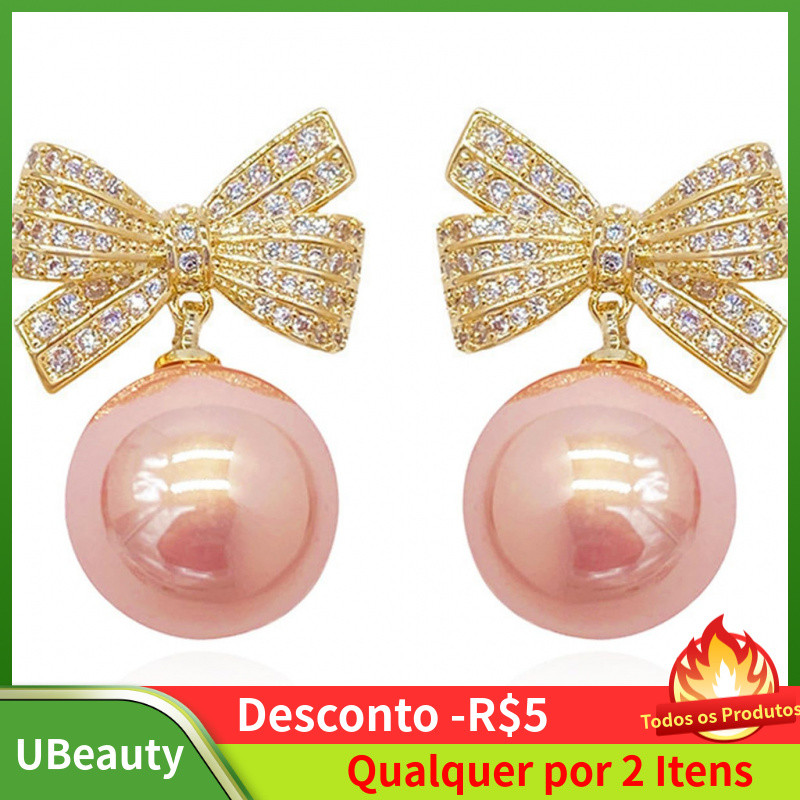 brincos de laço femininos, brincos de diamante artificial, brincos de laço com pérolas, brincos brilhantes, joias de laç