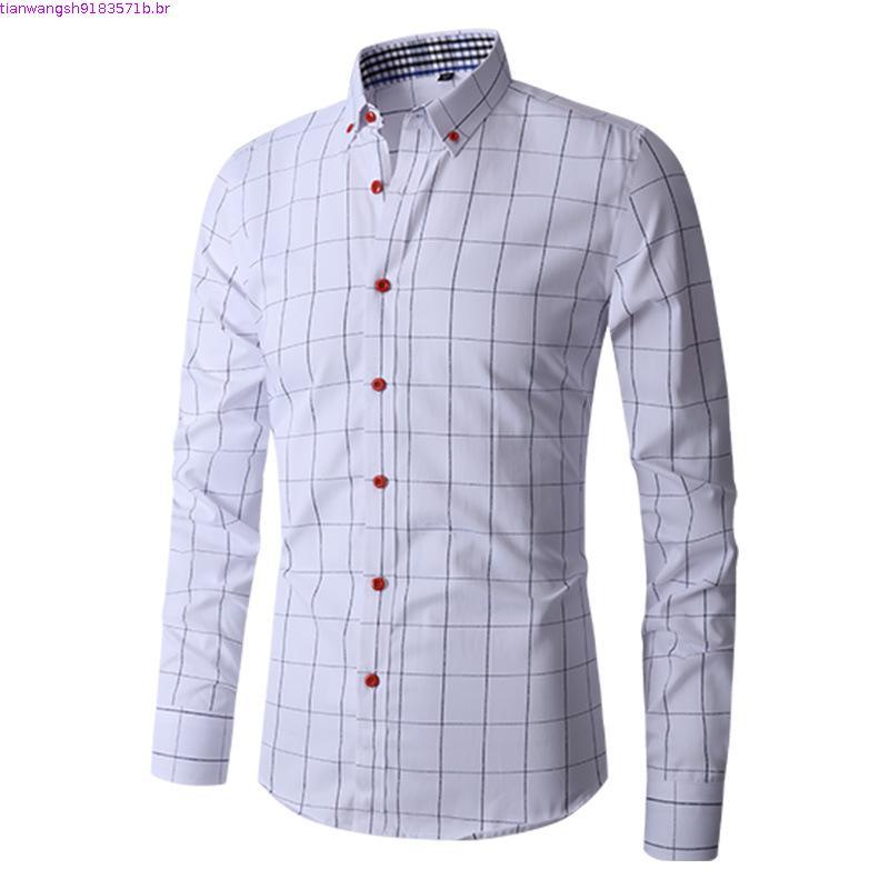 Nova Csa Casual Masculina de Manga Longa Moda Algodão Xadrez Csas de Negócios Pagas D2WM 3582 3VTC