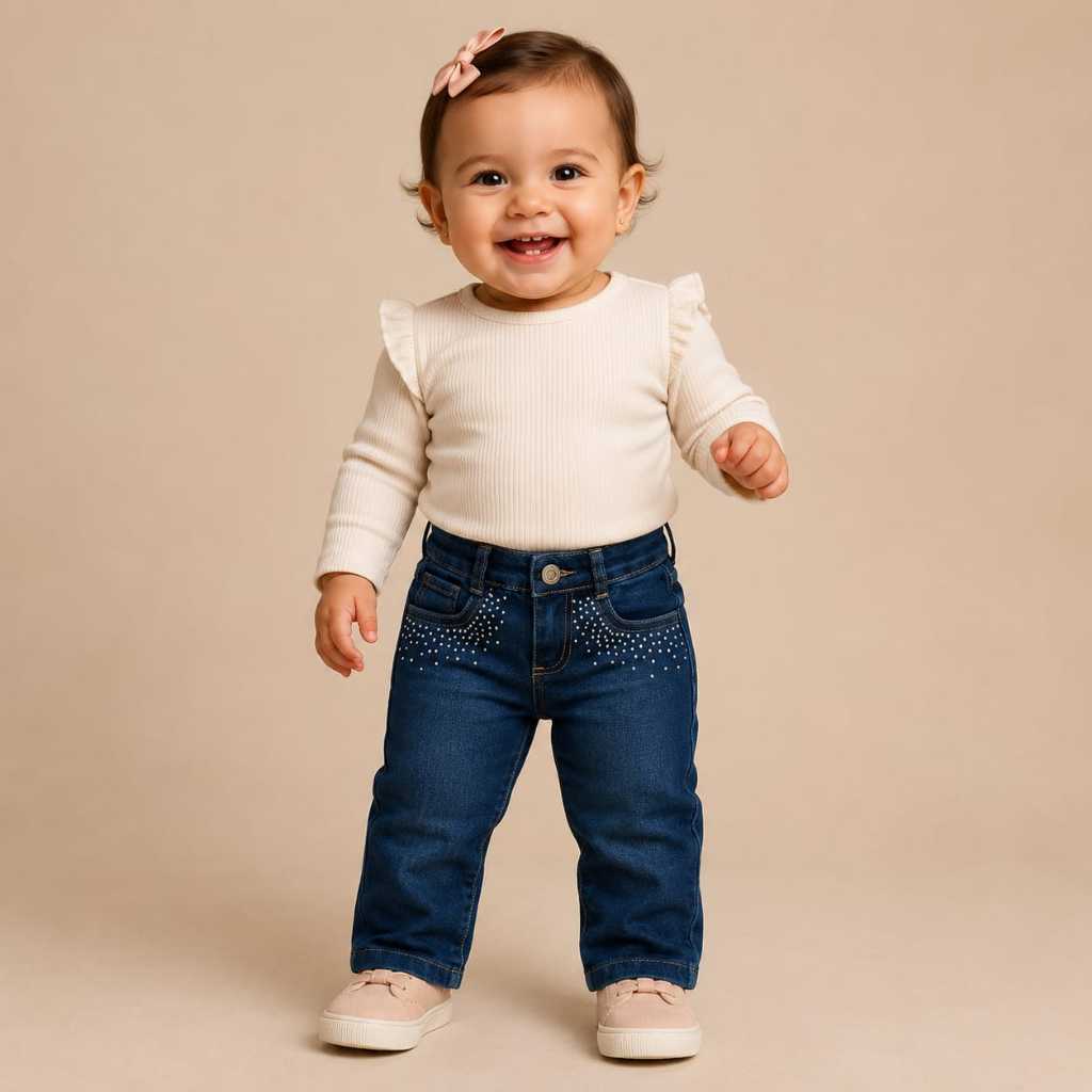 CALÇA JEANS PREMIUM INFANTIL DE BEBÊ MENINA COM STRASS 01-03 ANOS COM MUITO CONFORTO E ESTILO