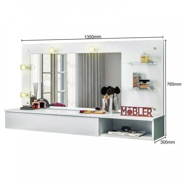 Penteadeira Camarim com Espelho Suspensa 1 Gaveta Lumiere Branco/Fosco Liso Branco Fosco Liso