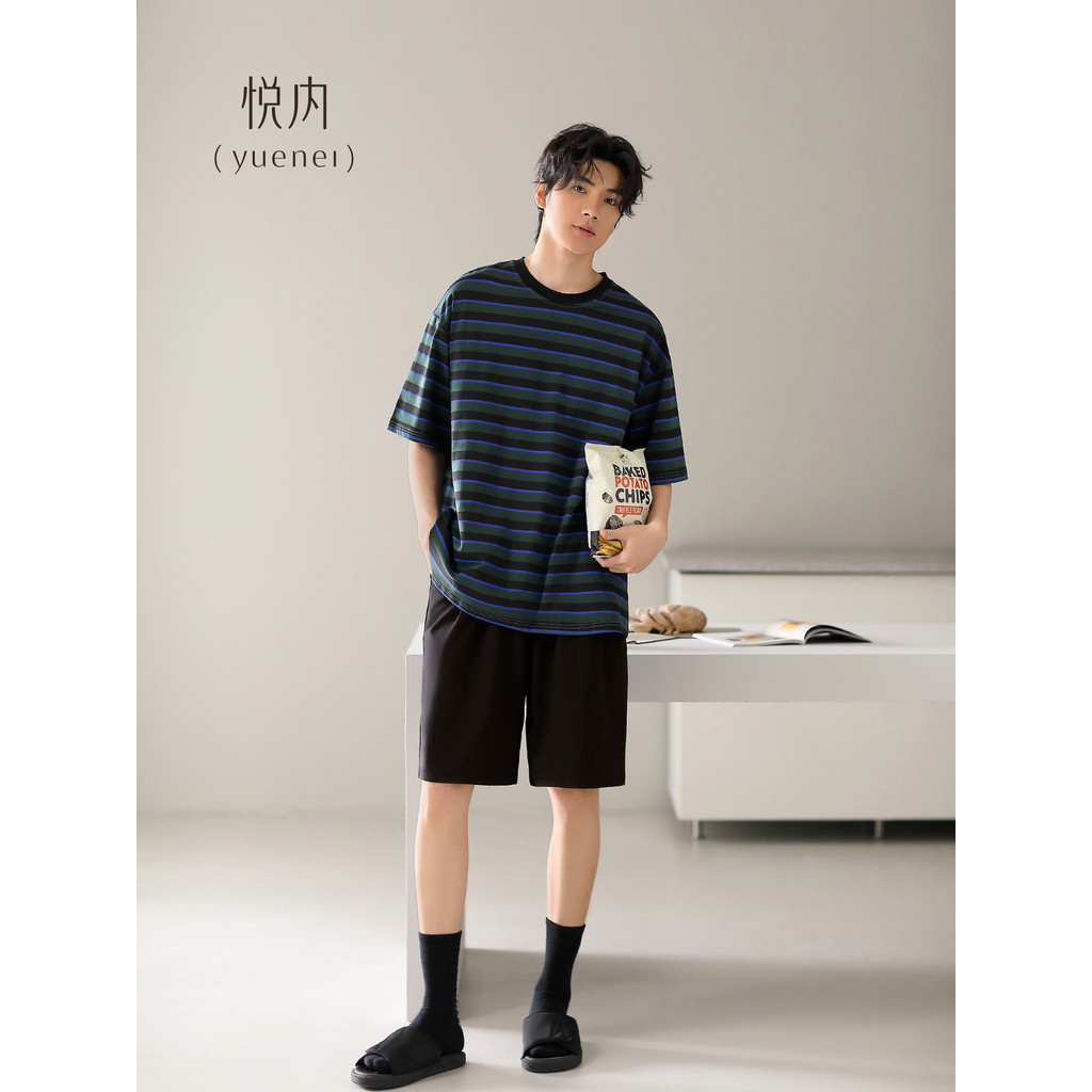 Yue pijamas internos masculinos verão verão Shorts de manga curta puro algodão novo estilo Homewear Retro solto fino lis