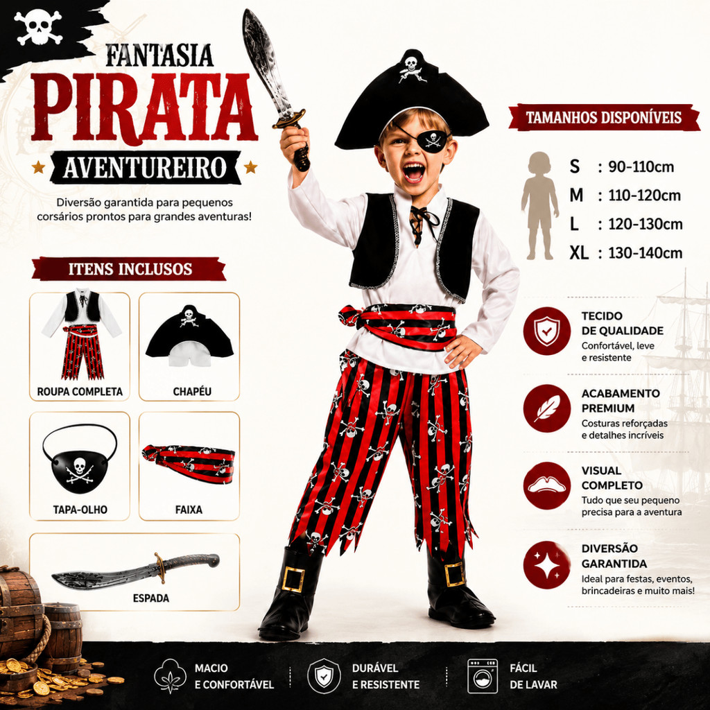 Kit Fantasia Pirata Infantil Menino Menina Cosplay Completo Halloween Festa