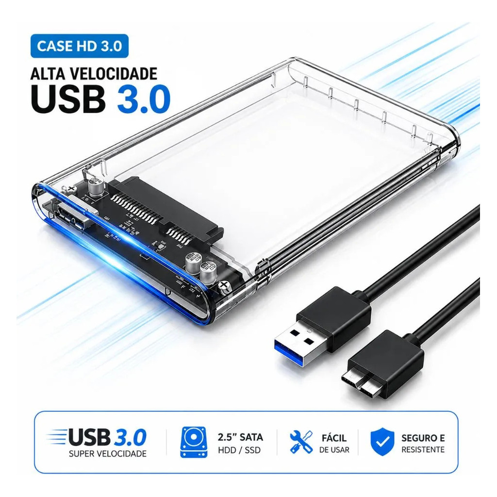 Case HD Externo USB 3.0 para HD/SSD 2.5 Gaveta Externa Transparente com Cabo USB Alta Velocidade Compatível Notebook PC