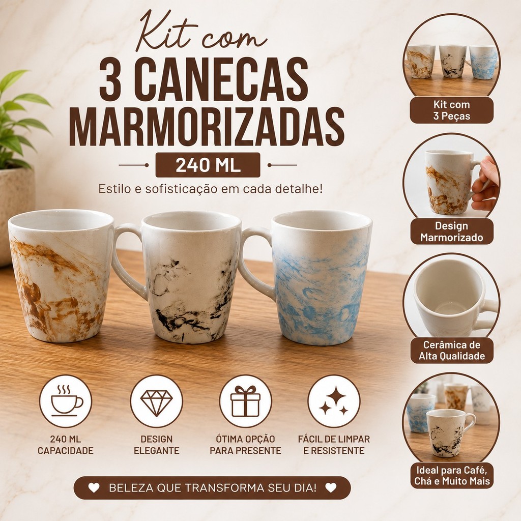 Kit 3 Canecas Marmorizadas 240ml Premium em Cerâmica para Café Chá Mesa Posta Requinte para sua Mesa