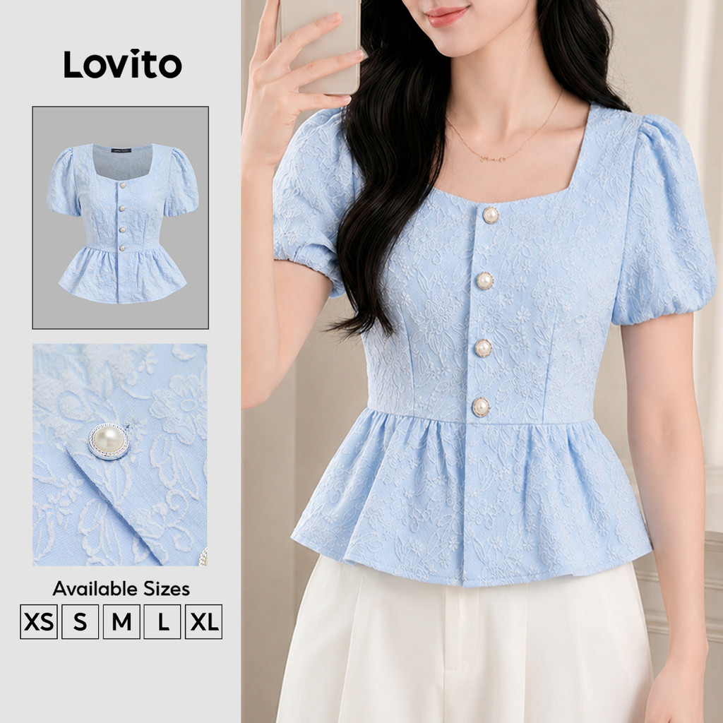 Lovito Elegante Blusa Feminina Lisa Com Pérolas Bainha Plissada Botões Blusa De
