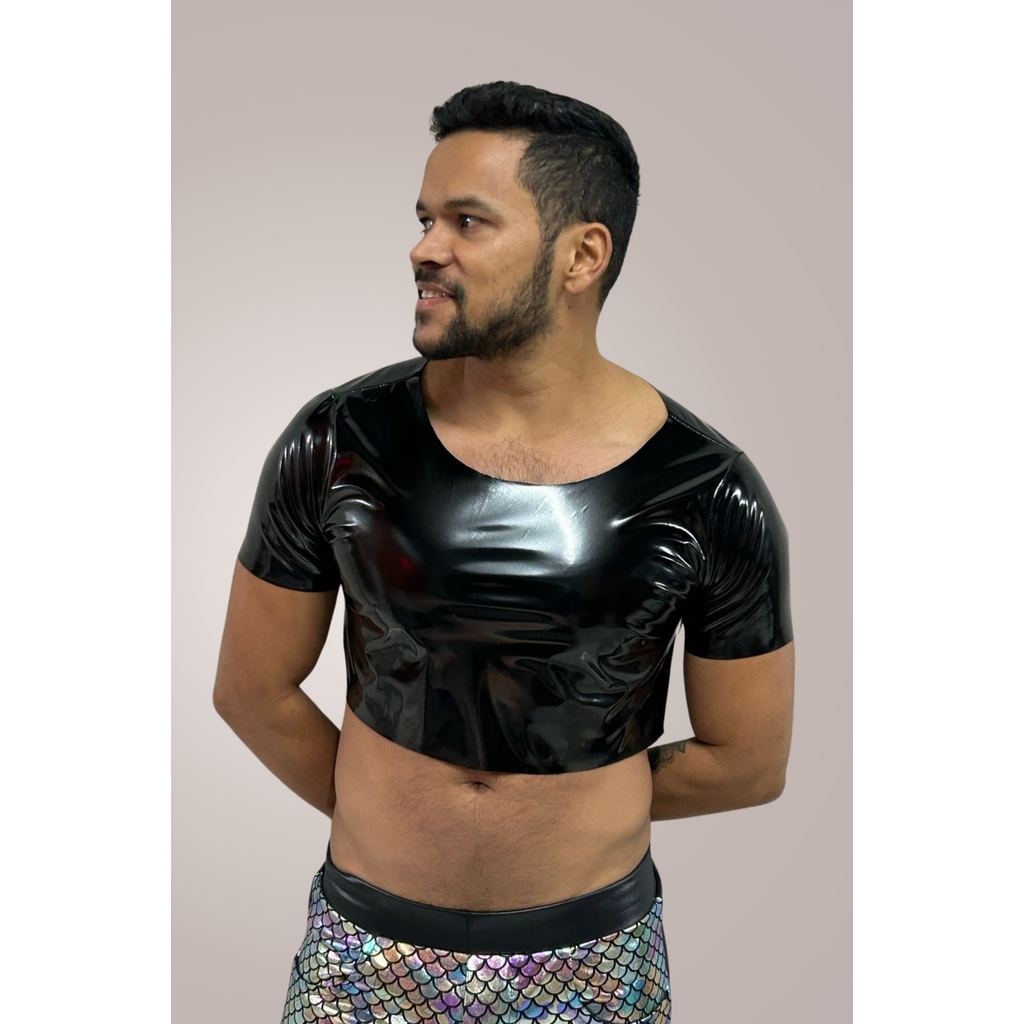 Cropped Masculino em Vinil Preto Moda Masculina Casual Festa Estilo Moderna