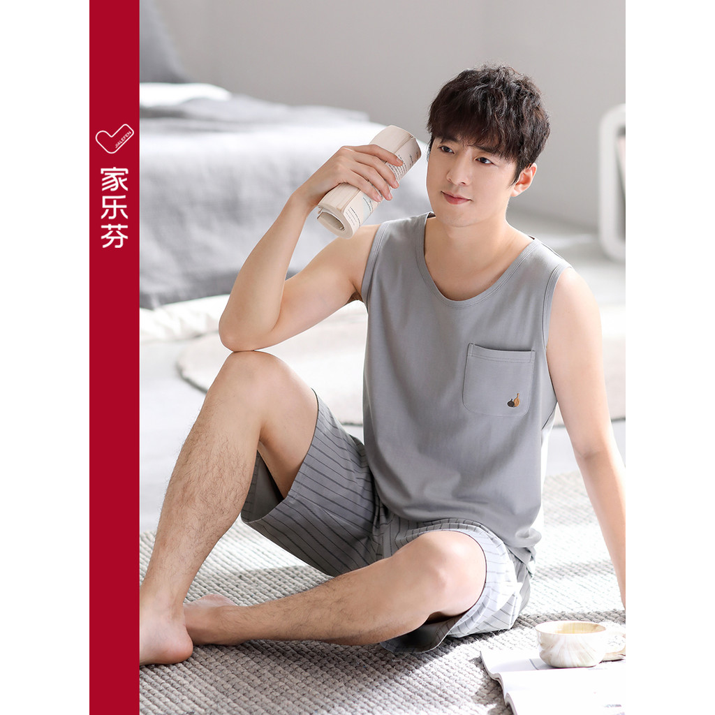 Kelefen pijamas masculinos verão puro algodão colete sem mangas Shorts Loungewear masculino verão estilo fino terno tama