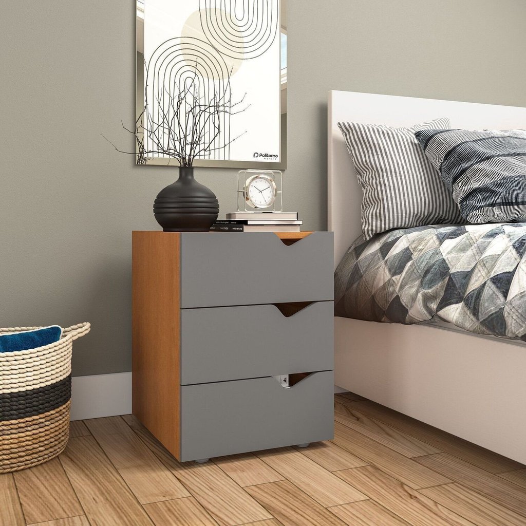 Mesa de Cabeceira 3 Gavetas 54cm x 40cm Porto Marrom Cinza/Freijó